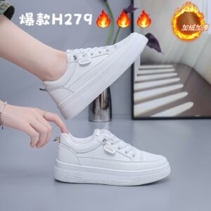 Women's thick-soled white winter shoes with fleece H279